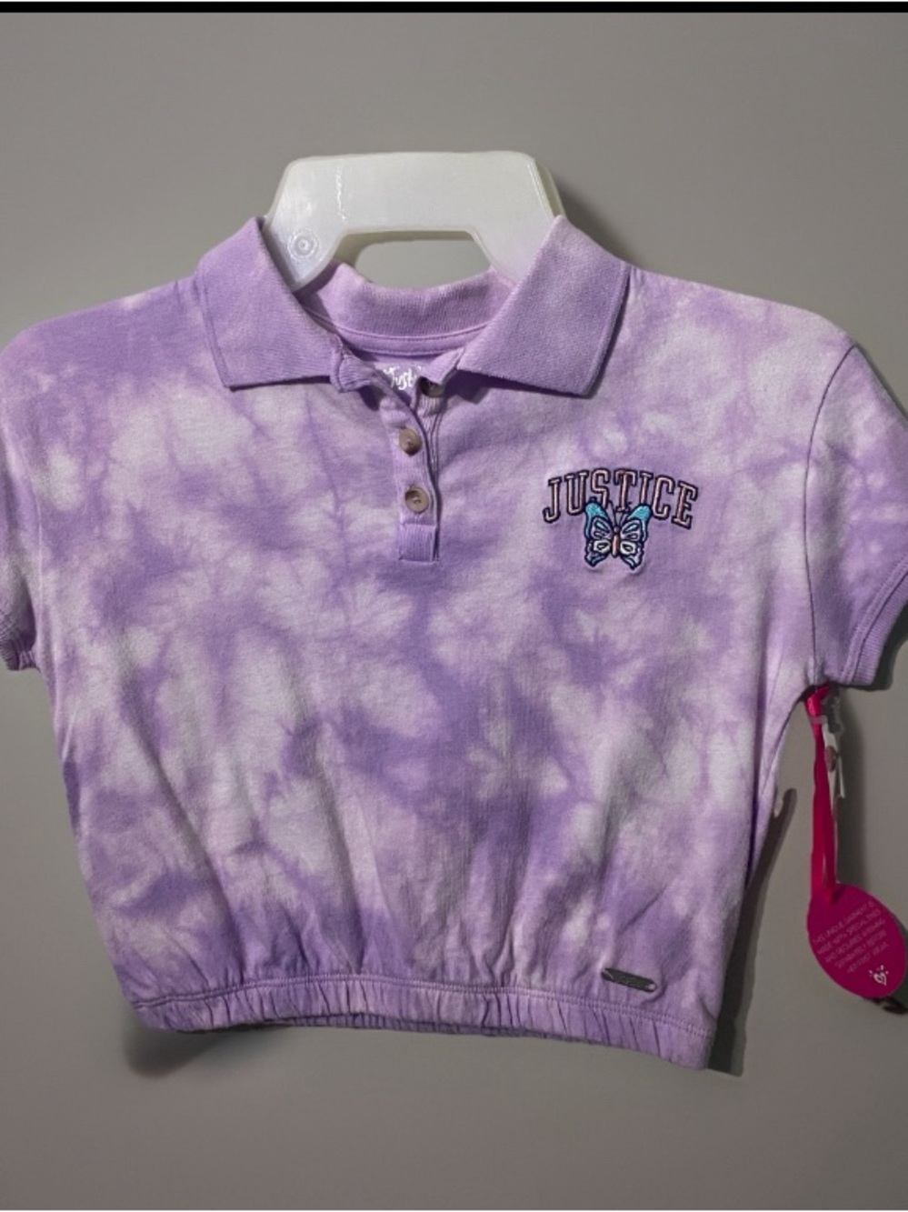 Justice Lavender Tie-Dye Embroidered Butterfly Polo Crop Top XS NWT